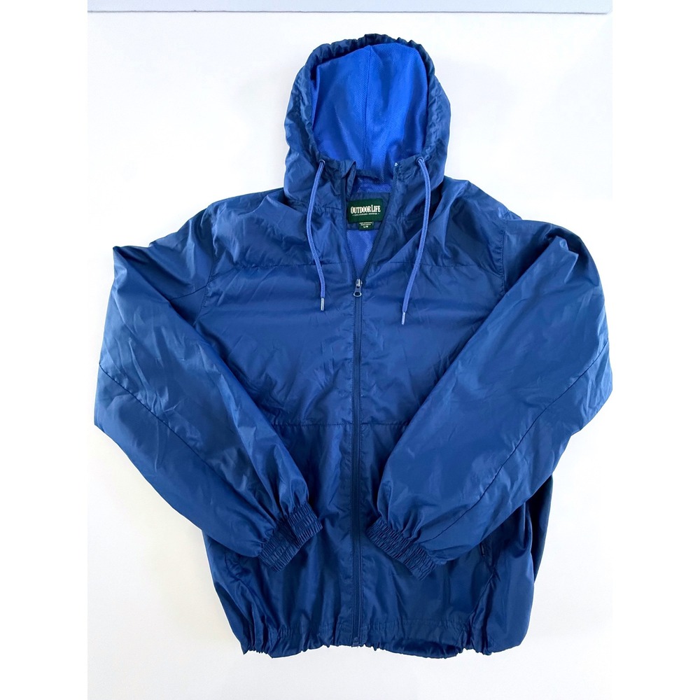 Outdoor Life Mens Blue Hooded Windbreaker Jacket Mesh Lined Full Zip Large